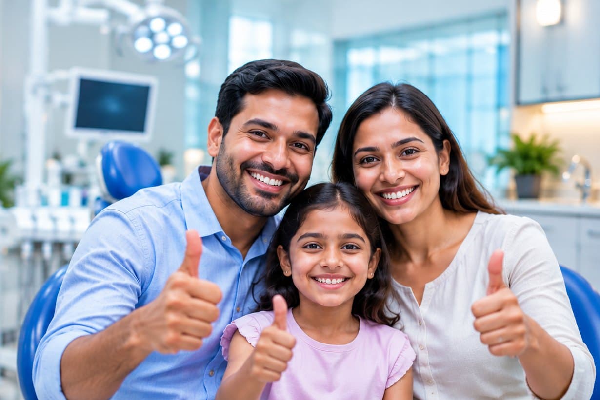 A smiling family giving a thumbs up in a dental clinic